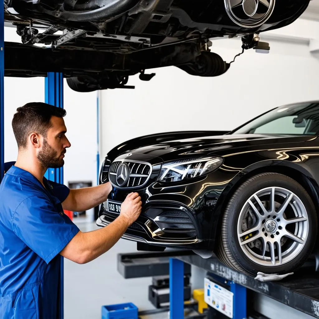 Mercedes Mechanic Inspecting Engine