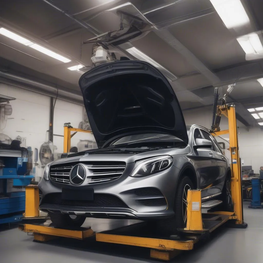 Mercedes Benz mechanic inspecting a car in a repair shop