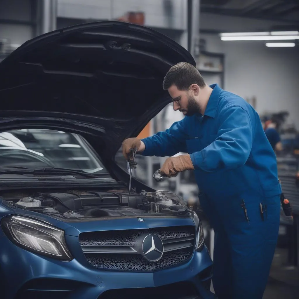 Mercedes mechanic repairing engine in a professional workshop.