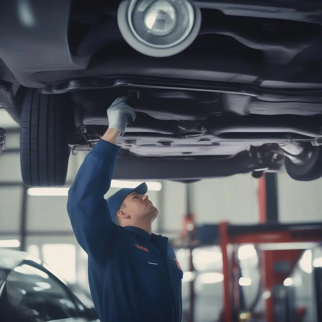 Mercedes mechanic inspecting the underside of a car