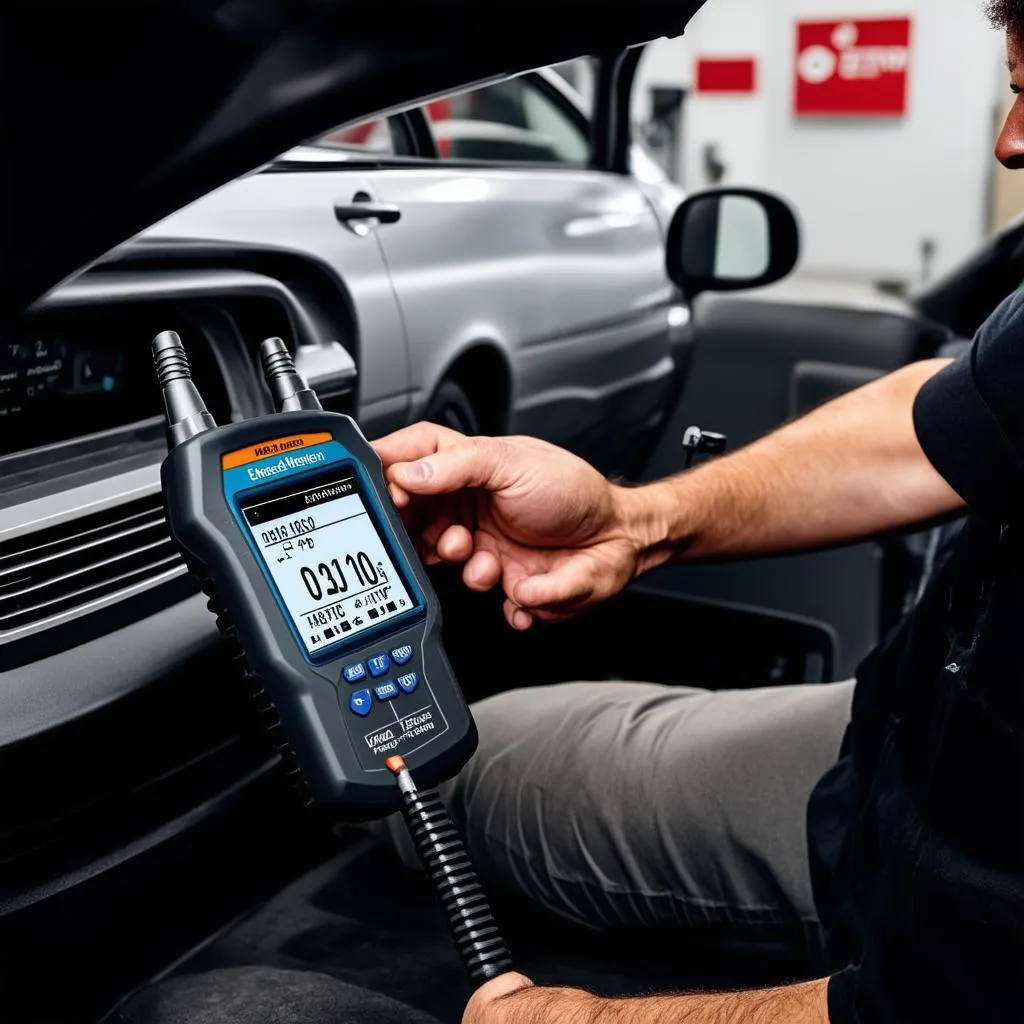 Mechanic Using Diagnostic Tool on Mercedes