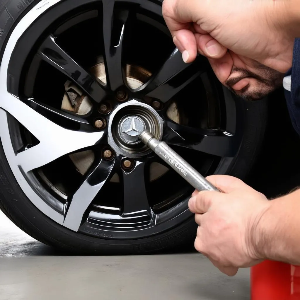 Mercedes mechanic using grease cap tool