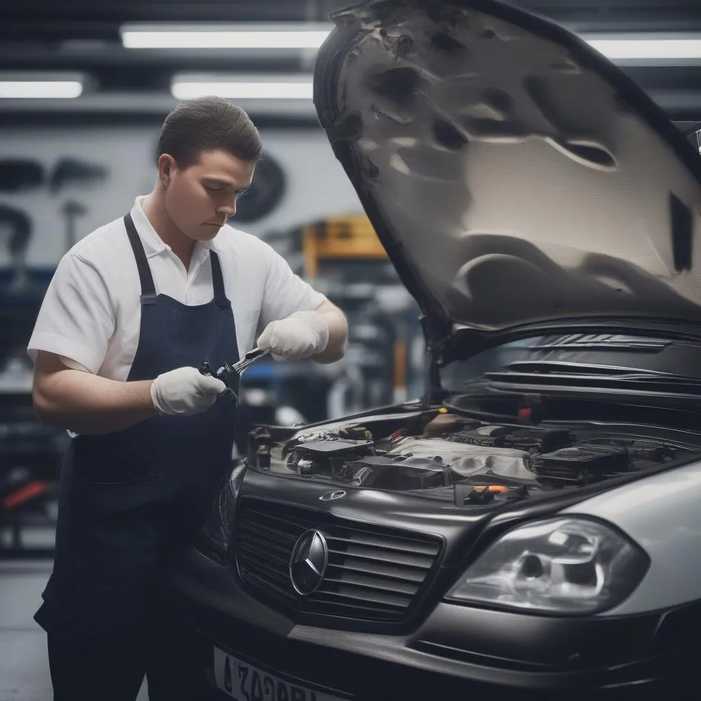 Mercedes Mechanic Inspecting Engine