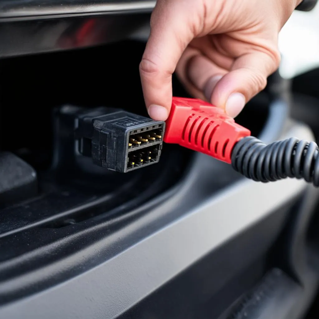 Close-up shot of the OBD1 connector in a Mercedes car