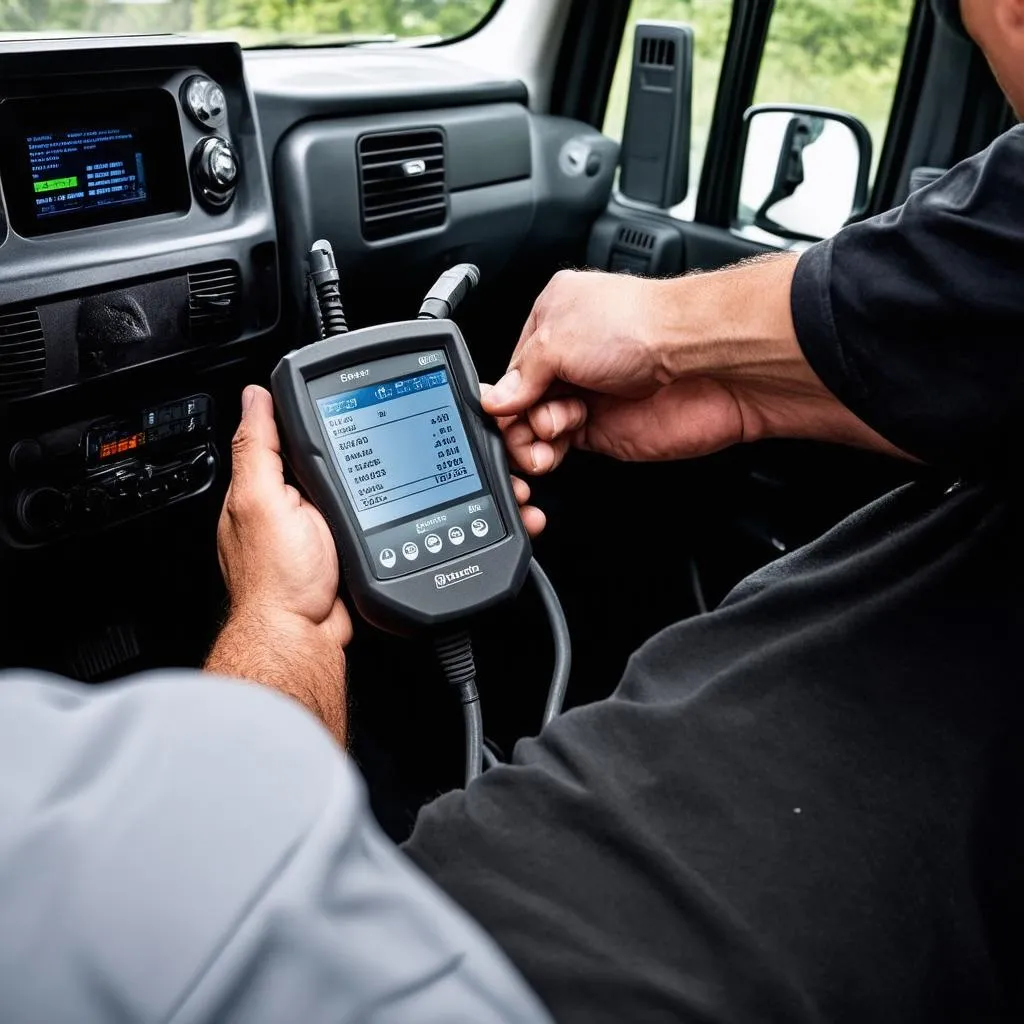 Mercedes Sprinter scan tool connected to a van