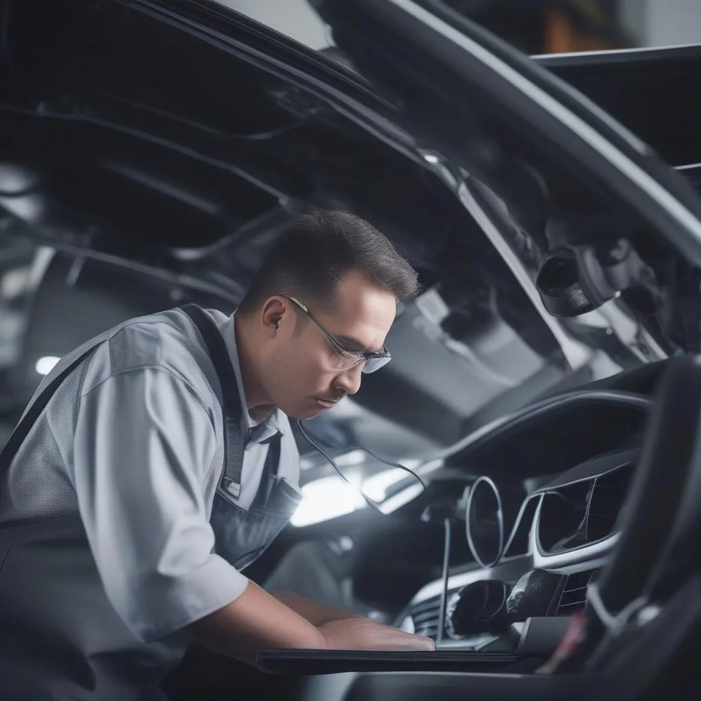 Mercedes Technician Diagnosing Screen Problem