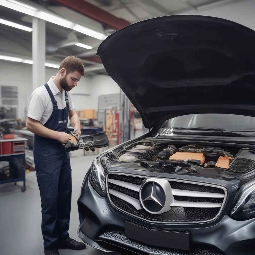 Mercedes Technician Repairing Car