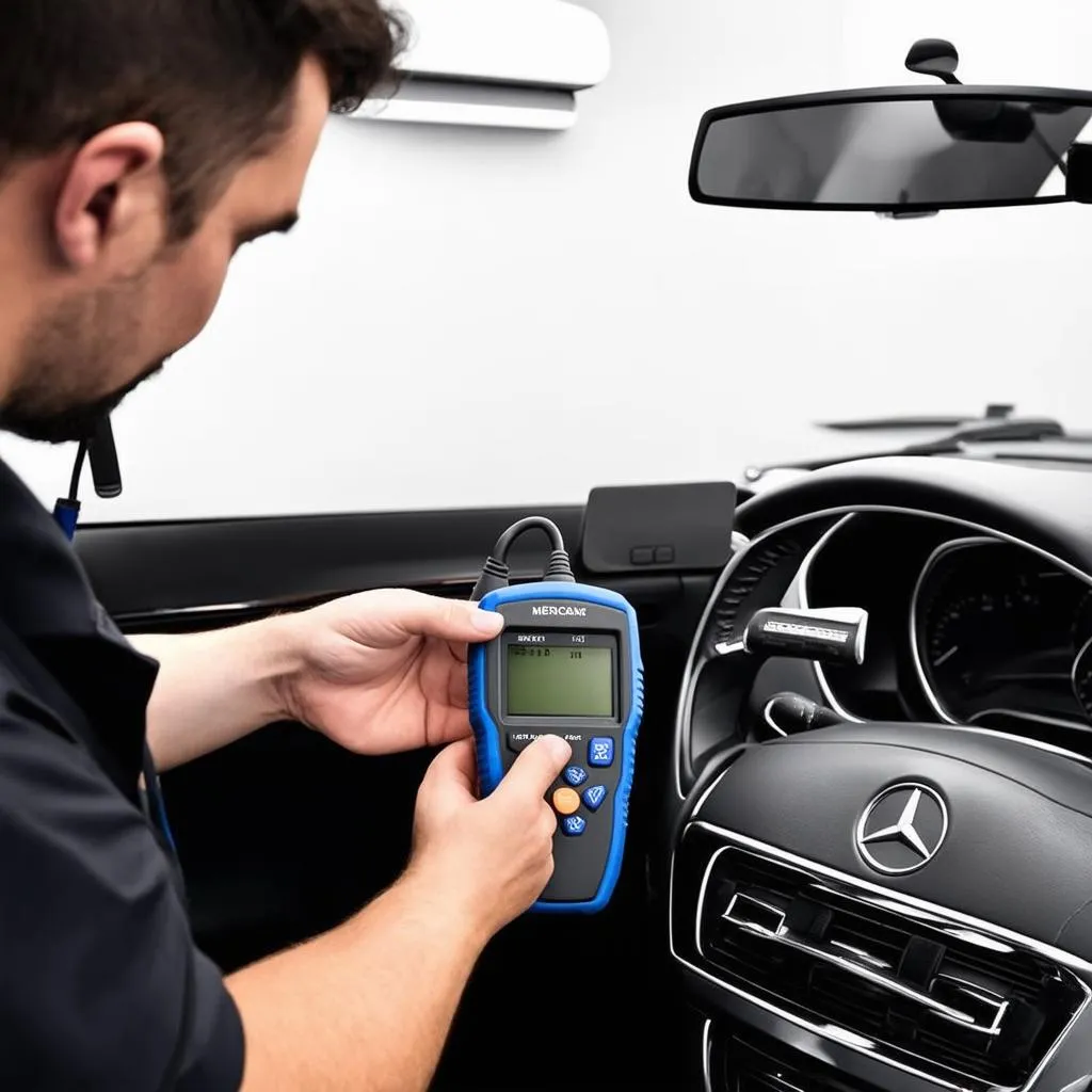 Mercedes Technician Using Diagnostic Tool