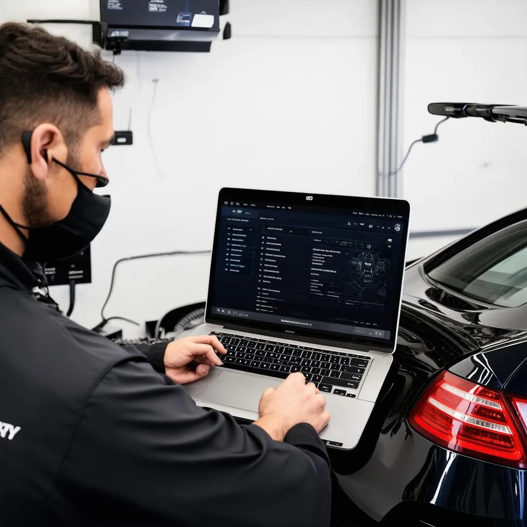 A Mercedes technician using Xentry to diagnose a car