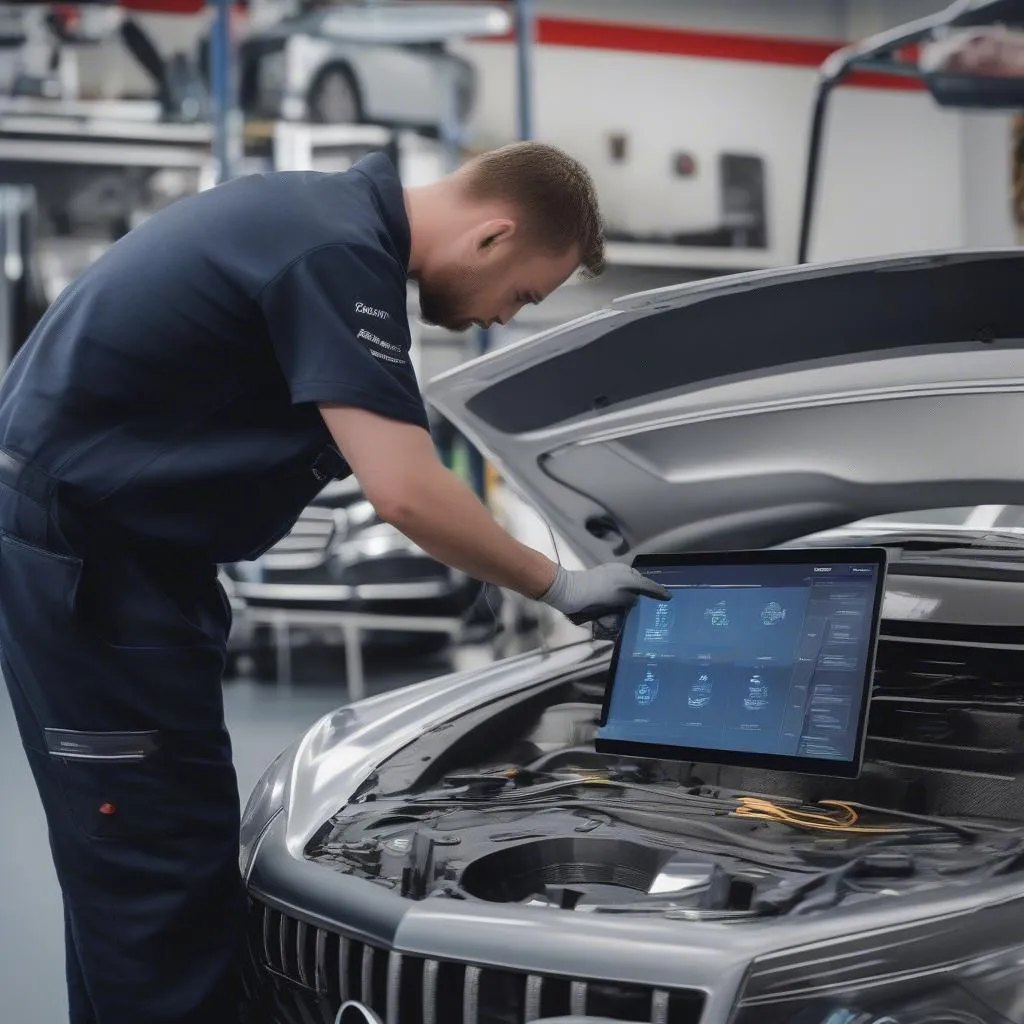 Mercedes Technician Using Xentry