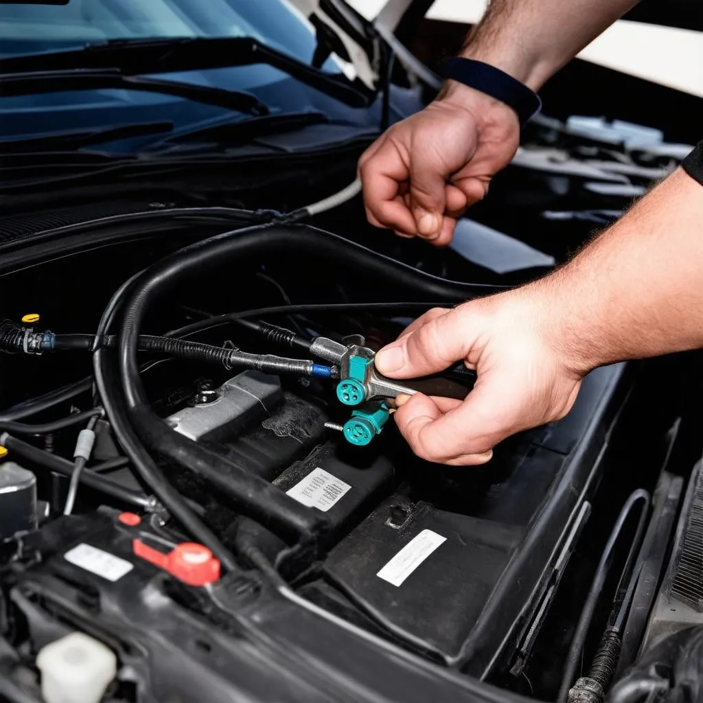 Mercedes Technician Using Connector Tool