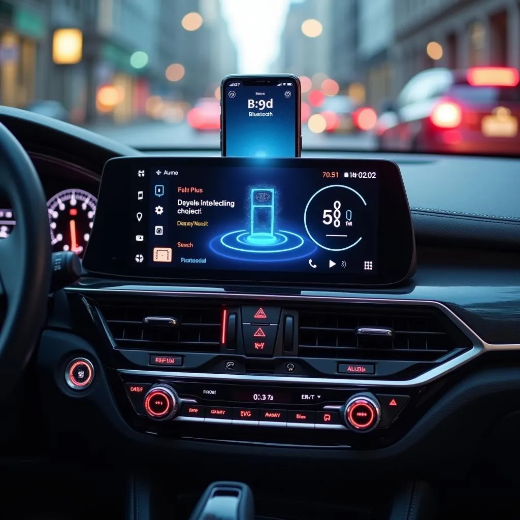 Modern Car Radio Dashboard Displaying Bluetooth Connection and Smartphone Integration