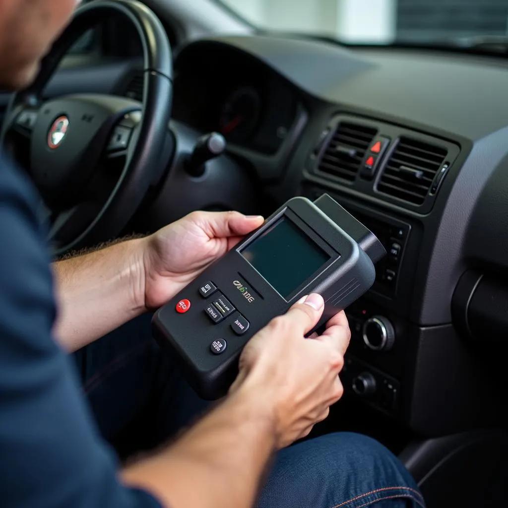 Mechanic connecting OBD2 scanner to car's diagnostic port