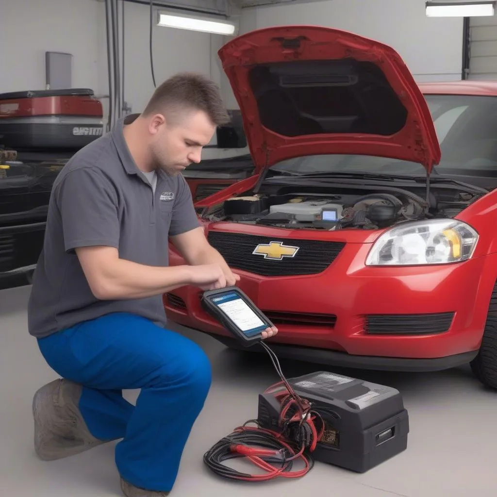 Mechanic using an OBD2 scanner on a Chevy Cobalt