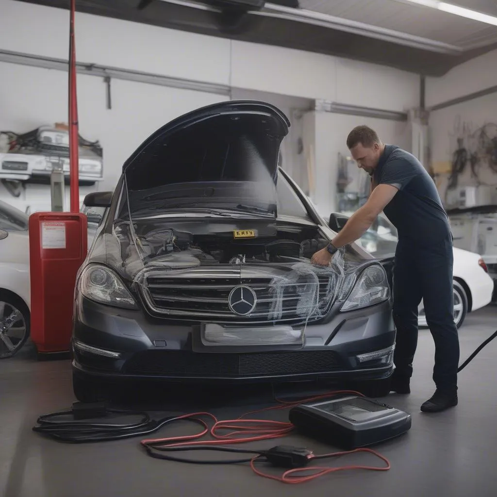 OBD2 Scanner plugged into a Mercedes Benz