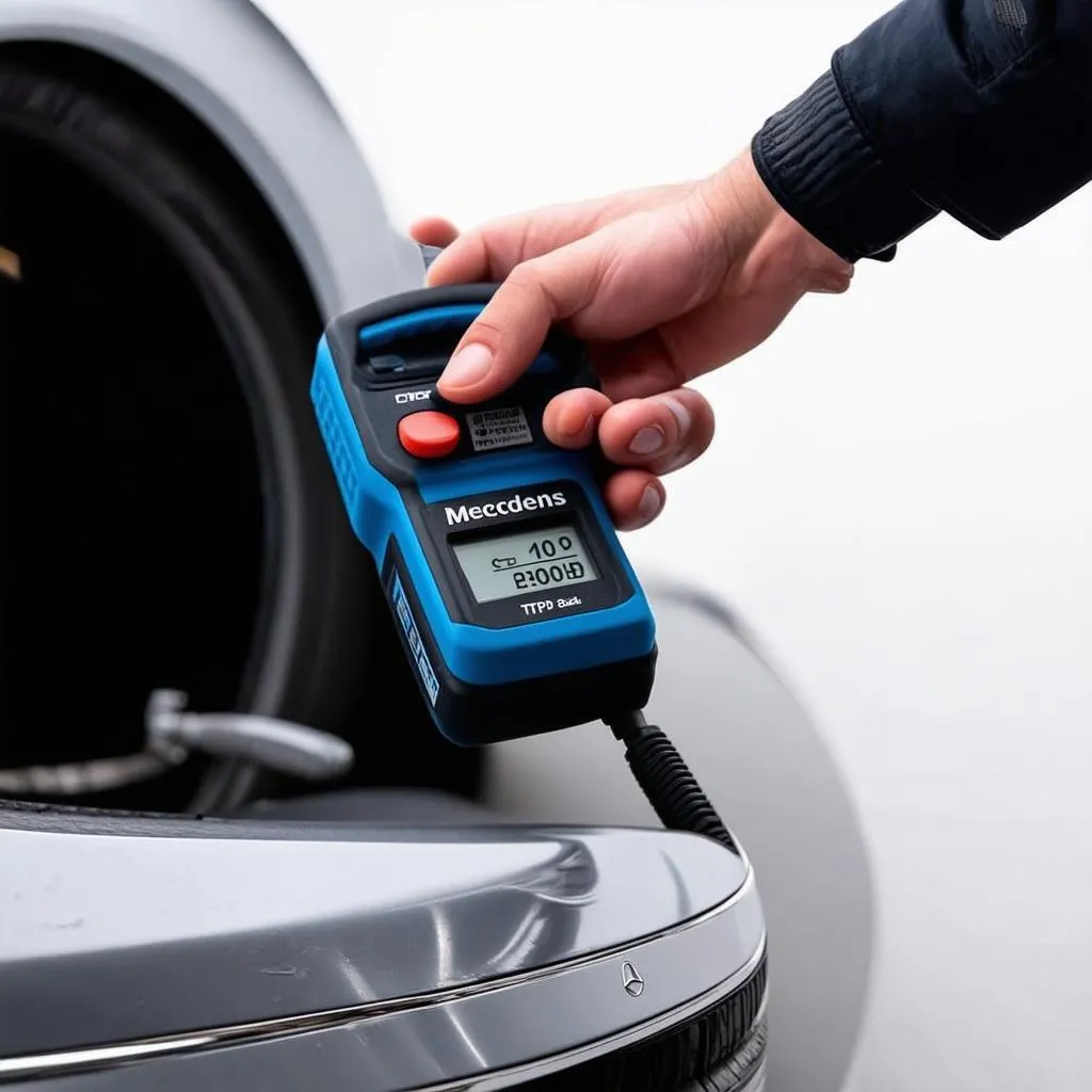 OTC TPMS tool being used on a Mercedes tire valve stem