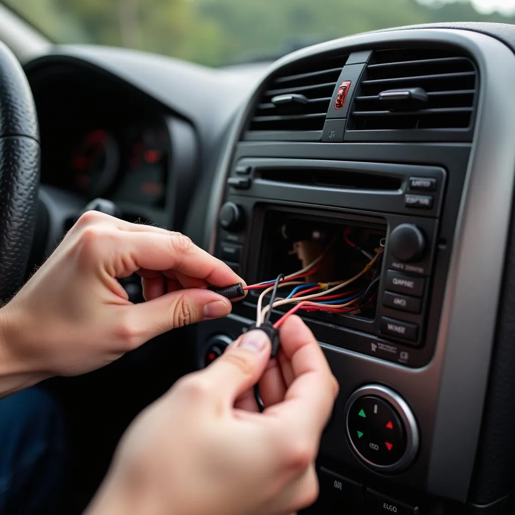 Inspecting the wiring harness behind the Pontiac Vibe's radio