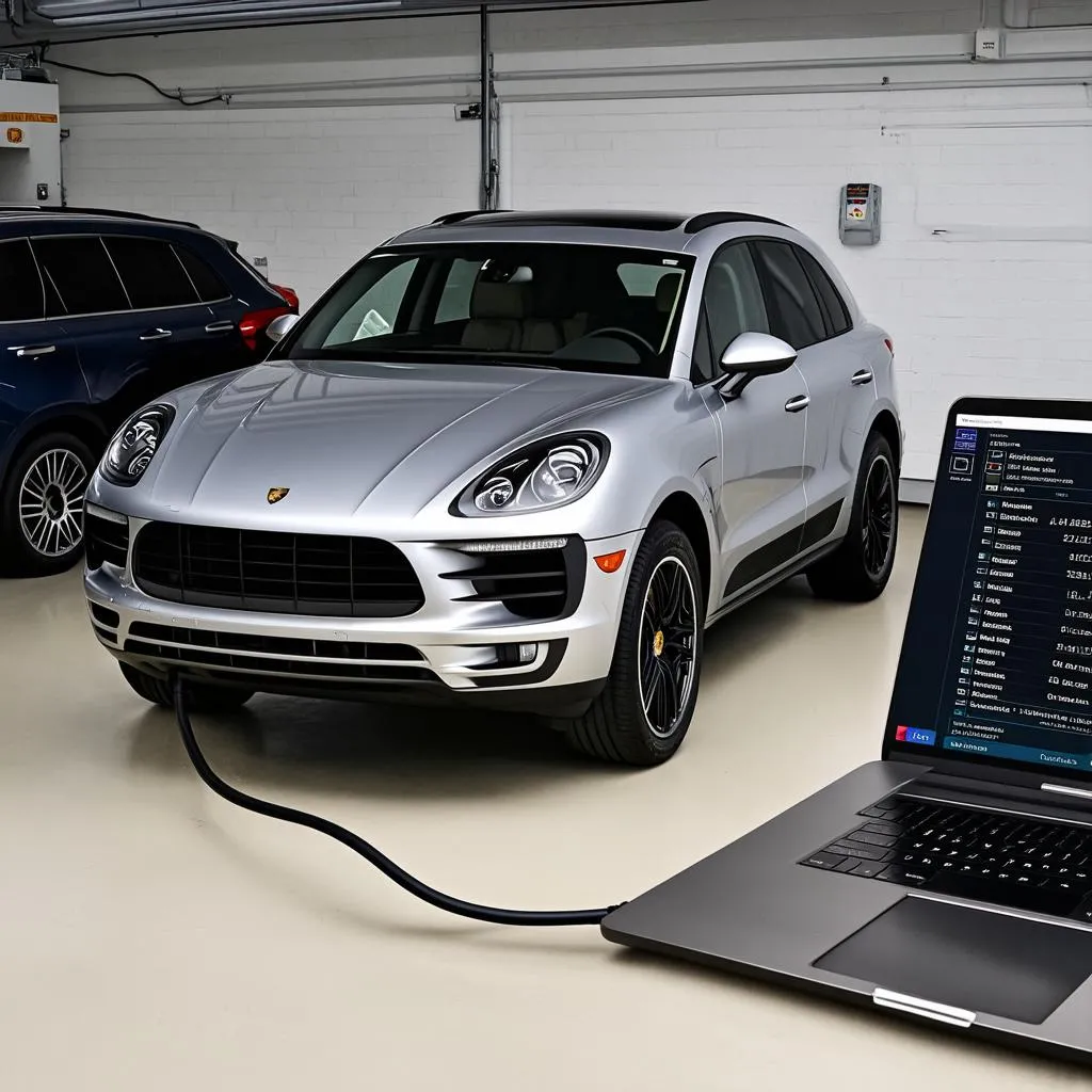 Porsche Macan connected to a laptop for diagnostics