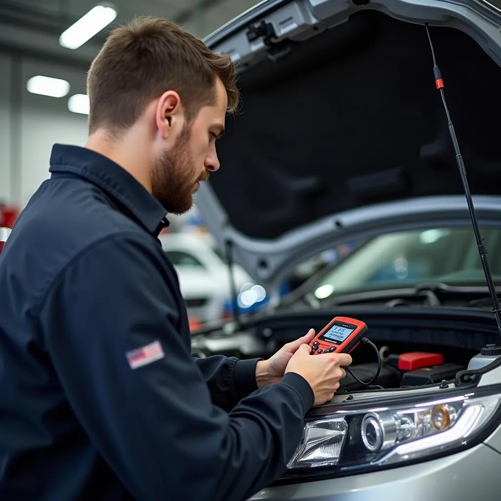 Mechanic inspecting a car with a diagnostic tool