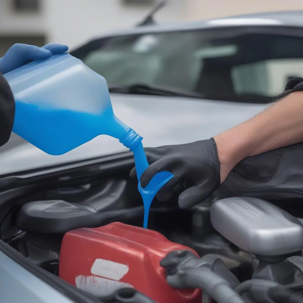 pouring AdBlue fluid into car tank