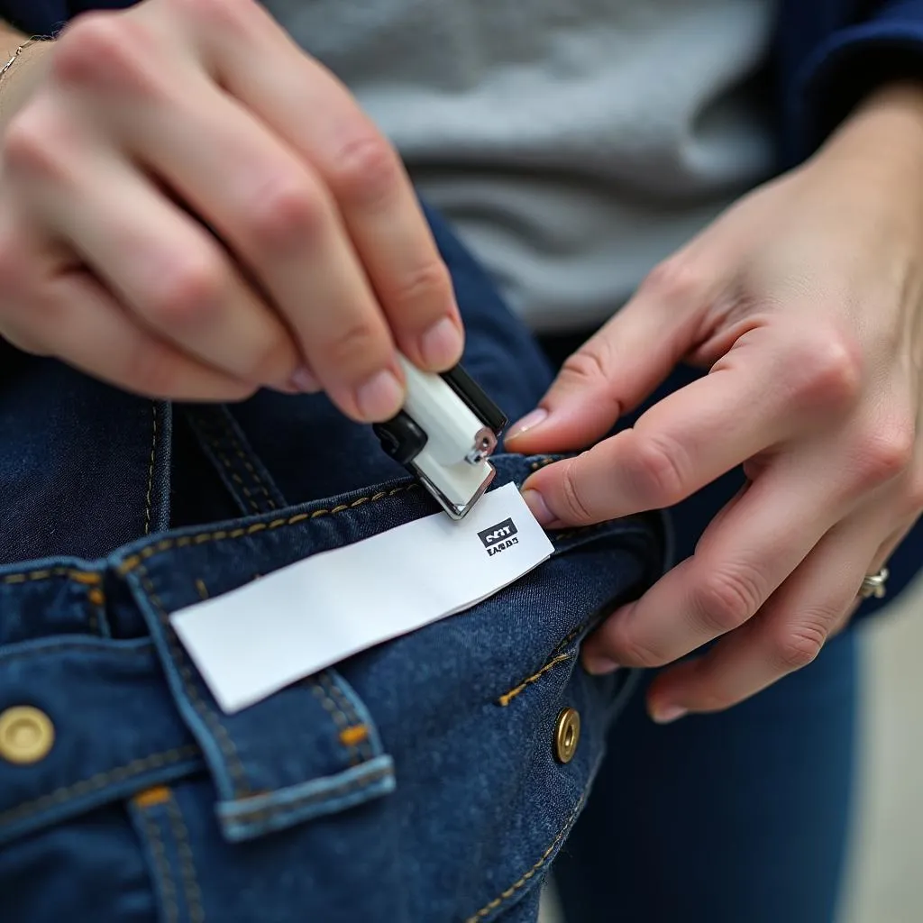 Retail worker removing security tag from clothing