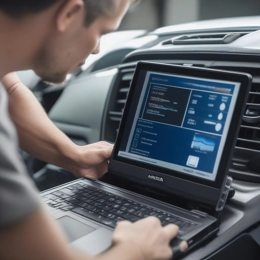 Mechanic using diagnostic tool to reset Mazda 5 anti-theft system