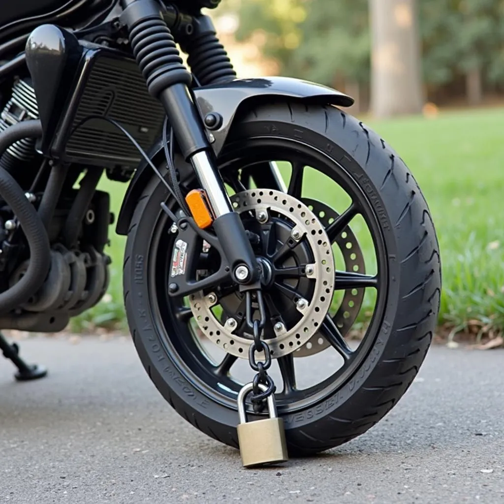 Motorcycle secured with a chain and padlock