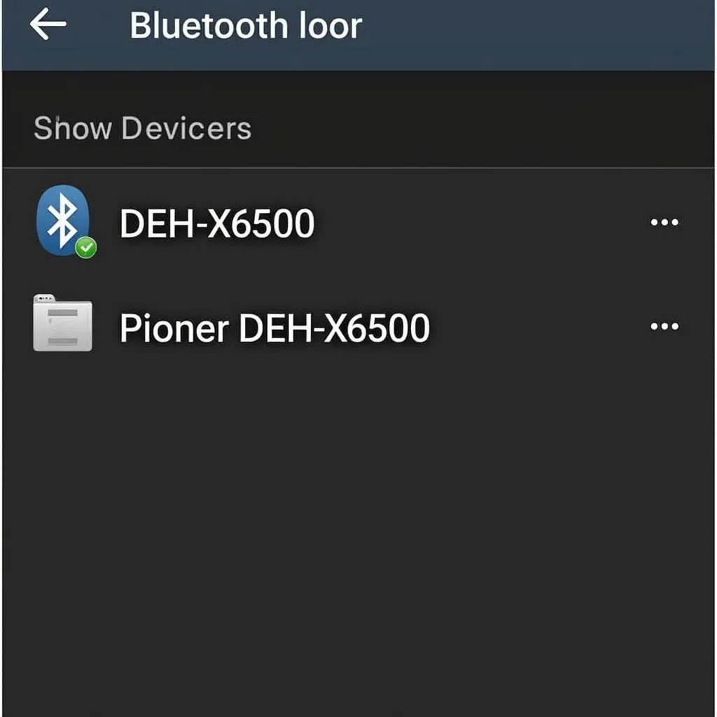 Smartphone Bluetooth settings with Pioneer DEH-X6500 listed