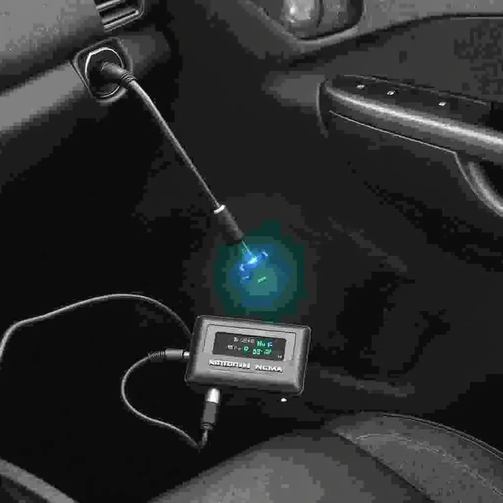 T10 FM Transmitter connected to car cigarette lighter