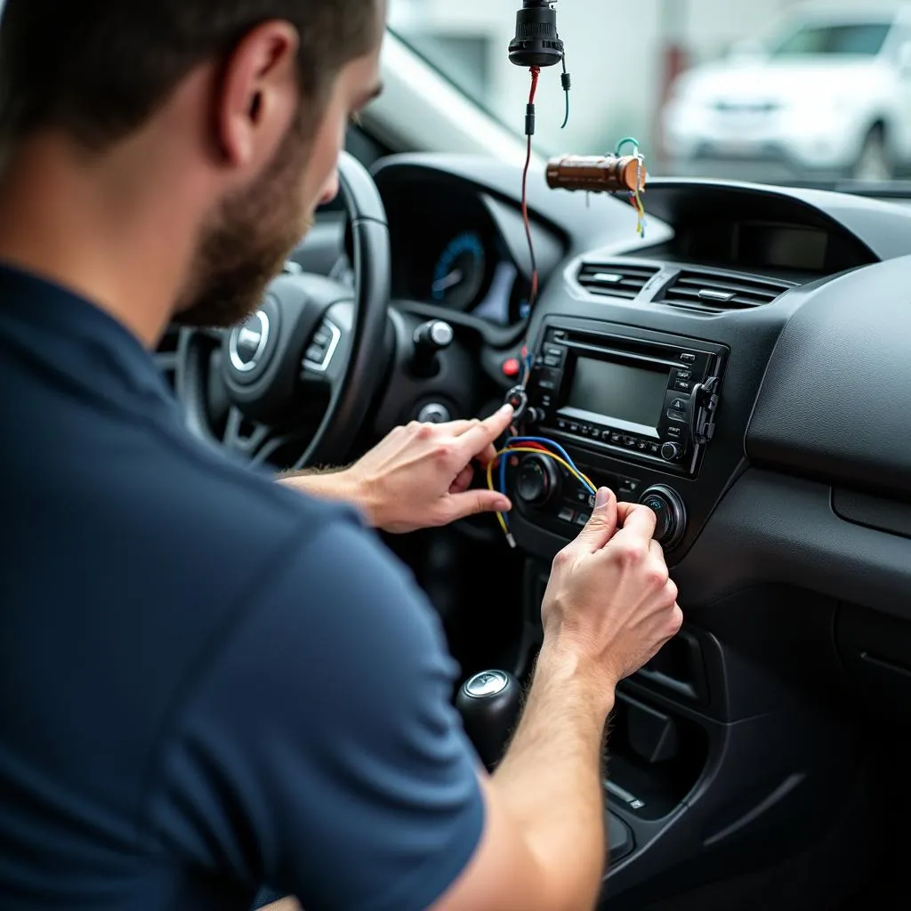 Car audio technician installing a new head unit in a car.