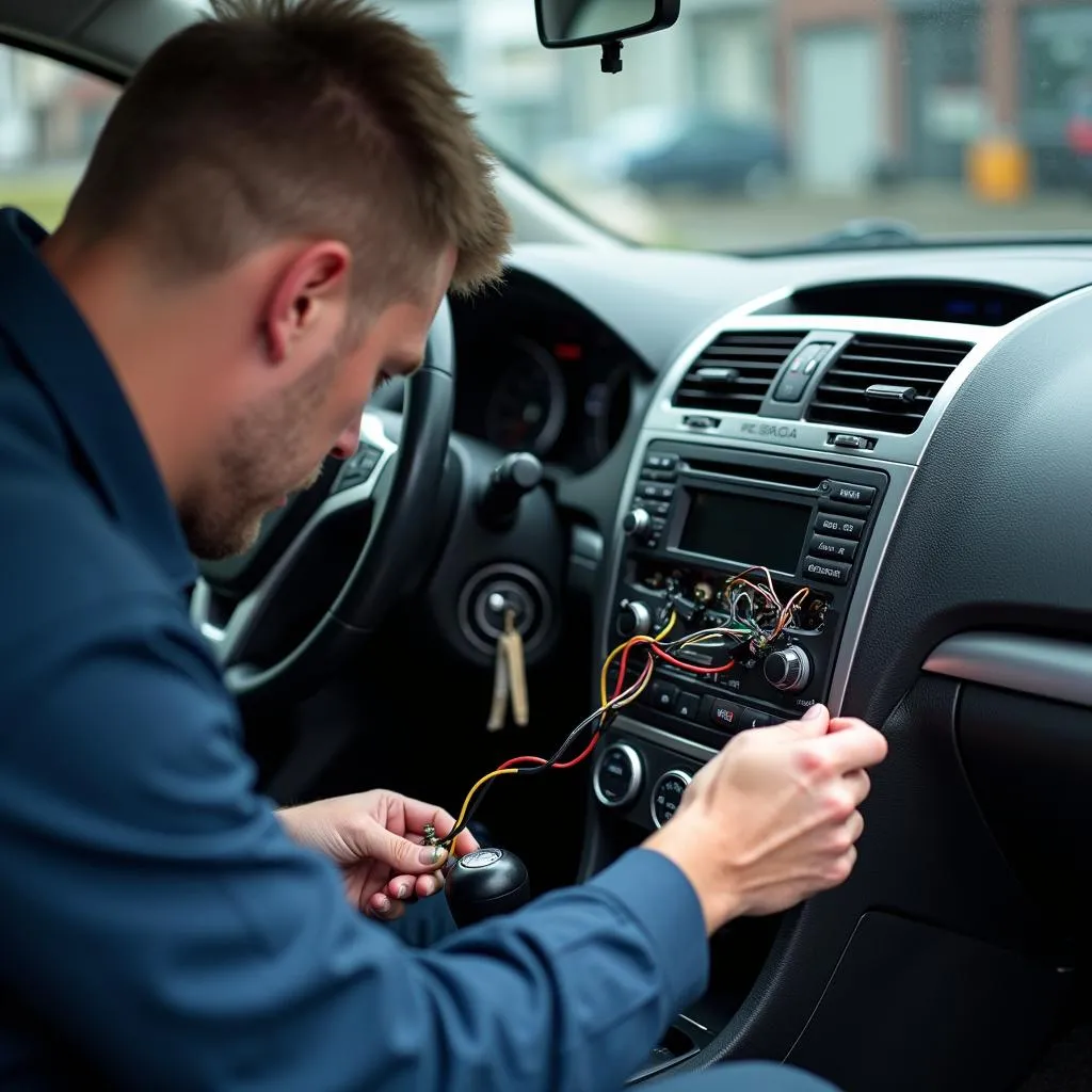 Technician Repairing Car Audio System