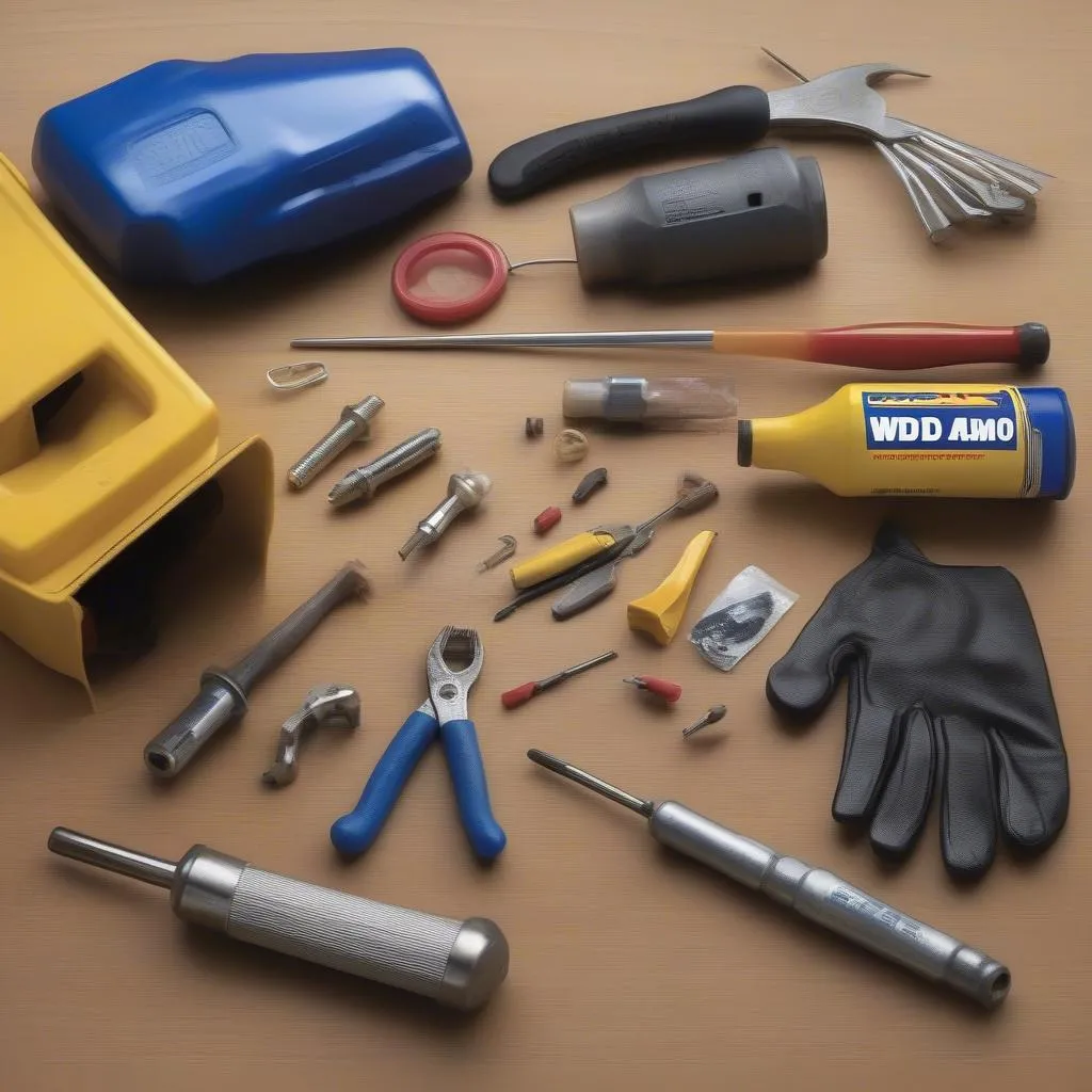 Tools laid out for removing a magnetic anti-theft device from a car