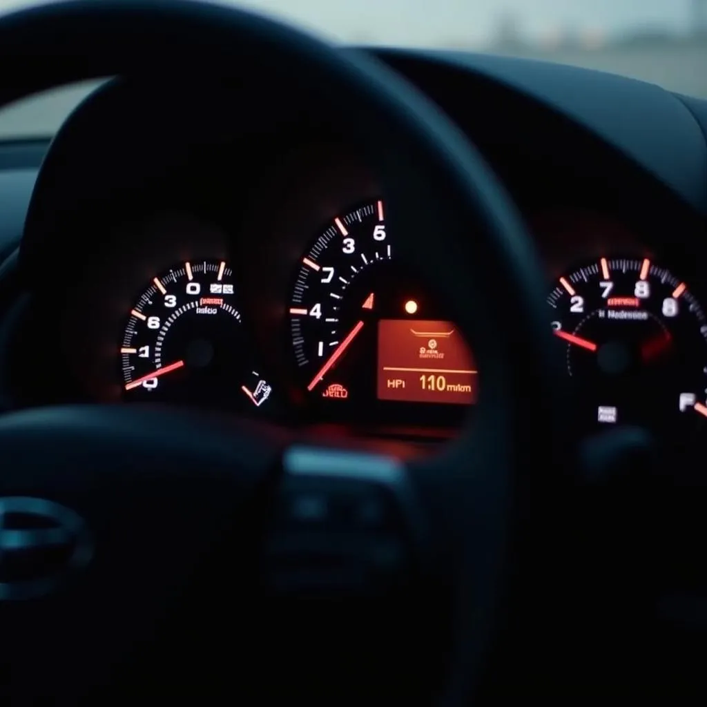 Car dashboard with a blinking security light