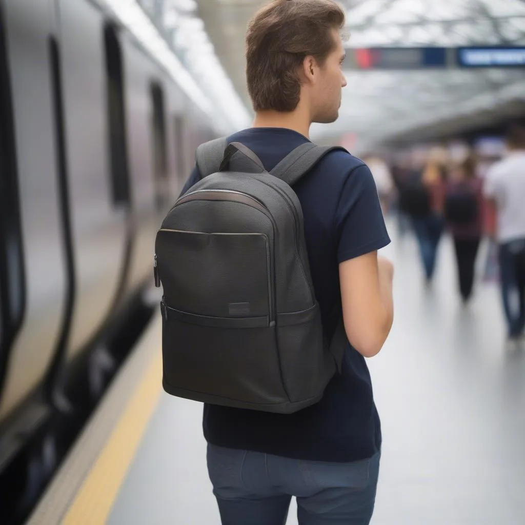 Traveler with an anti-theft backpack in a crowded area.