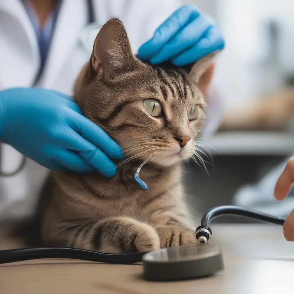 veterinarian checking cat with stethoscope