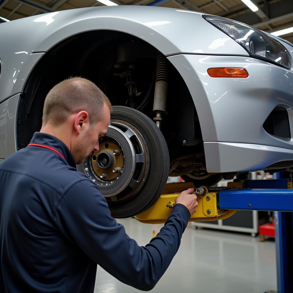 Mechanic Inspecting Brakes of a 2003 BMW Z4