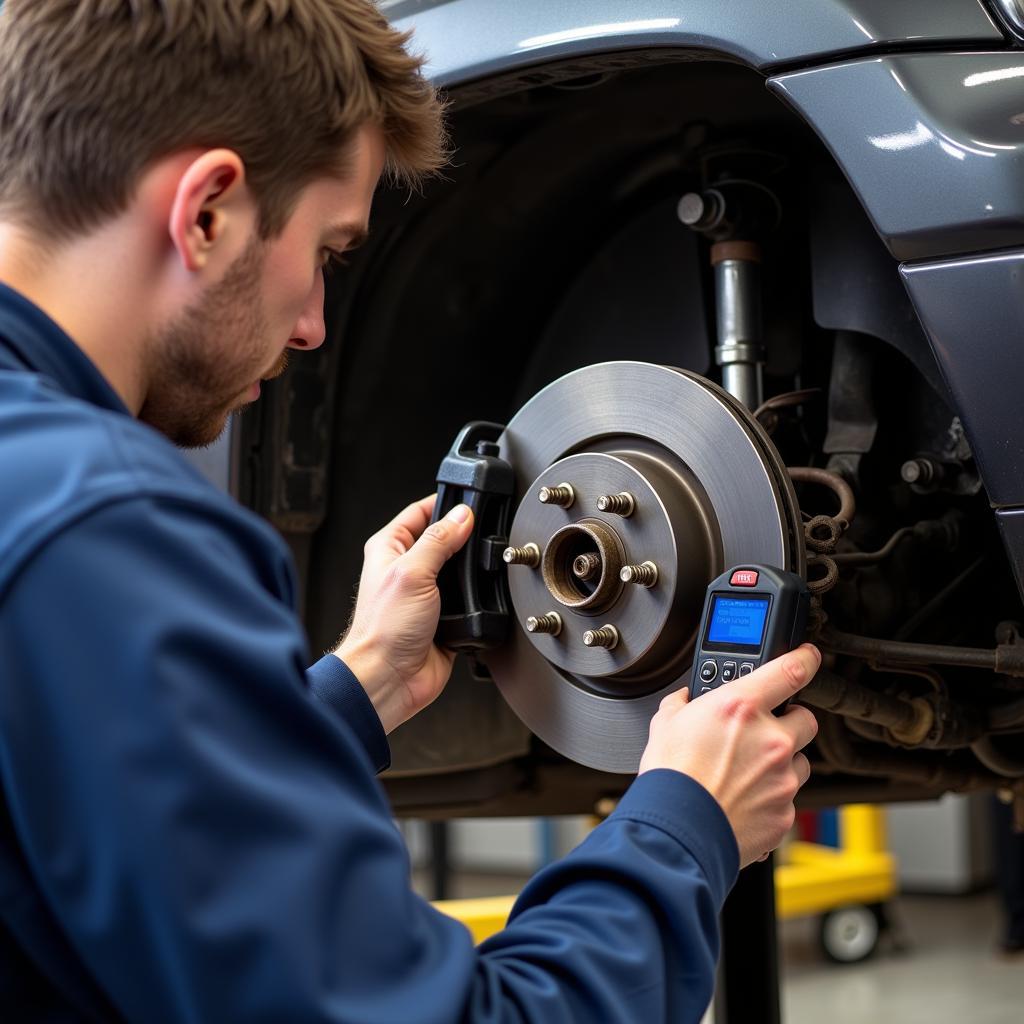 A mechanic inspecting the brake system of a 2004 Jeep Grand Cherokee