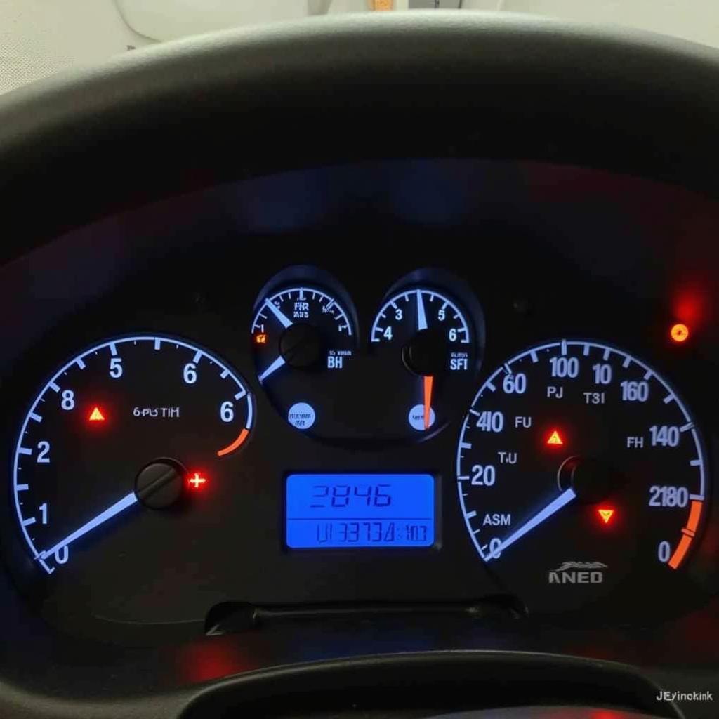 Dashboard of a 2005 Ford Ranger with illuminated ABS and parking brake warning lights