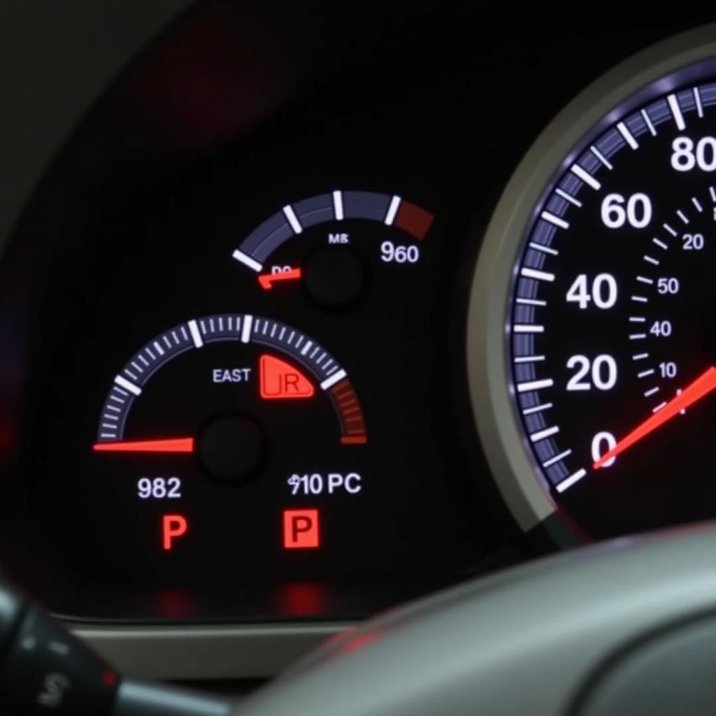 2005 Prius dashboard with illuminated brake system warning light