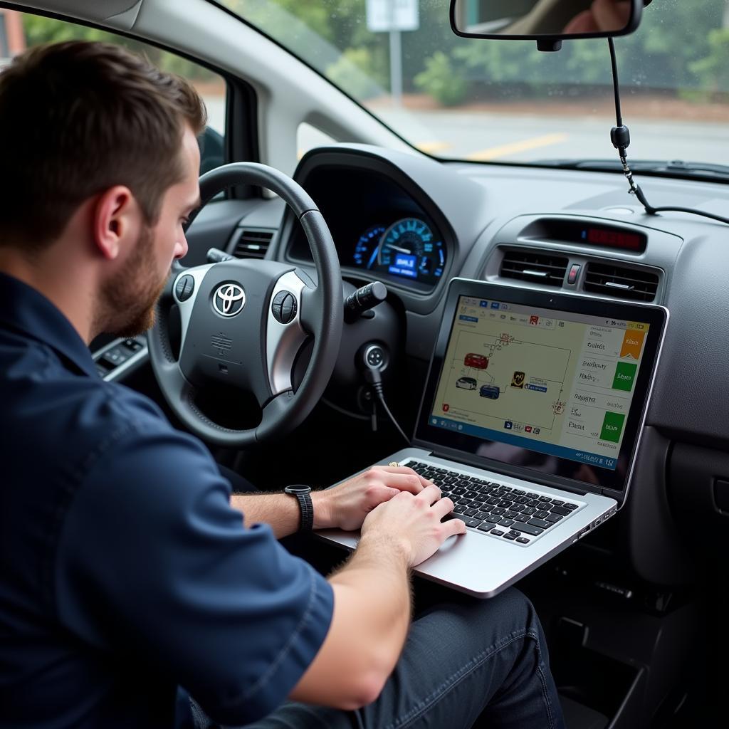 Technician performing remote diagnostics on a 2005 Toyota Prius using a laptop