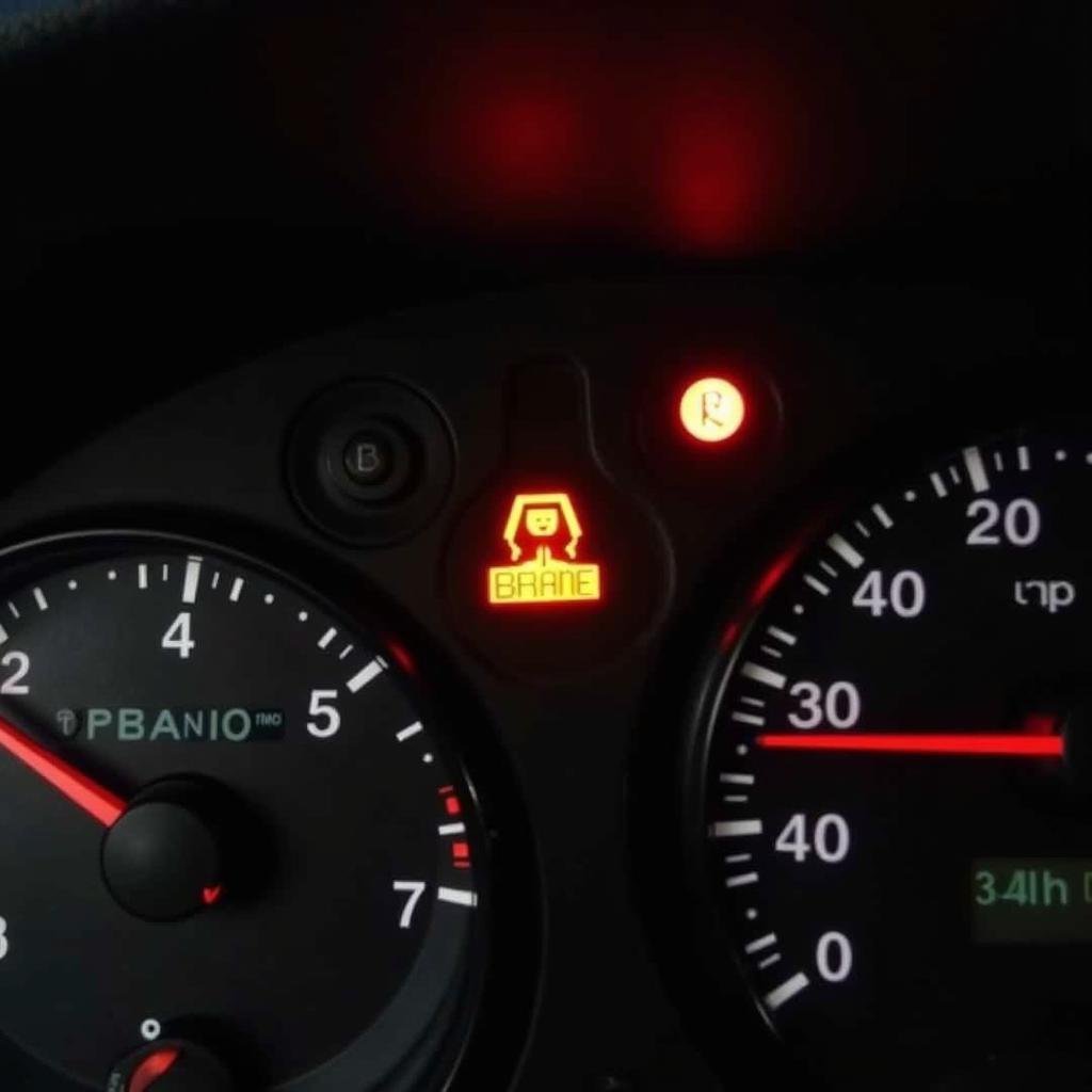 2005 Subaru Forester dashboard with illuminated brake warning light