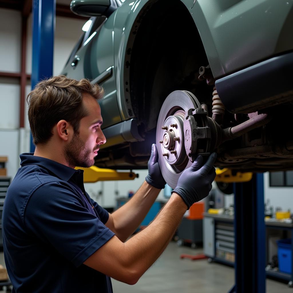 Mechanic Inspecting Brakes on a 2006 Subaru Outback