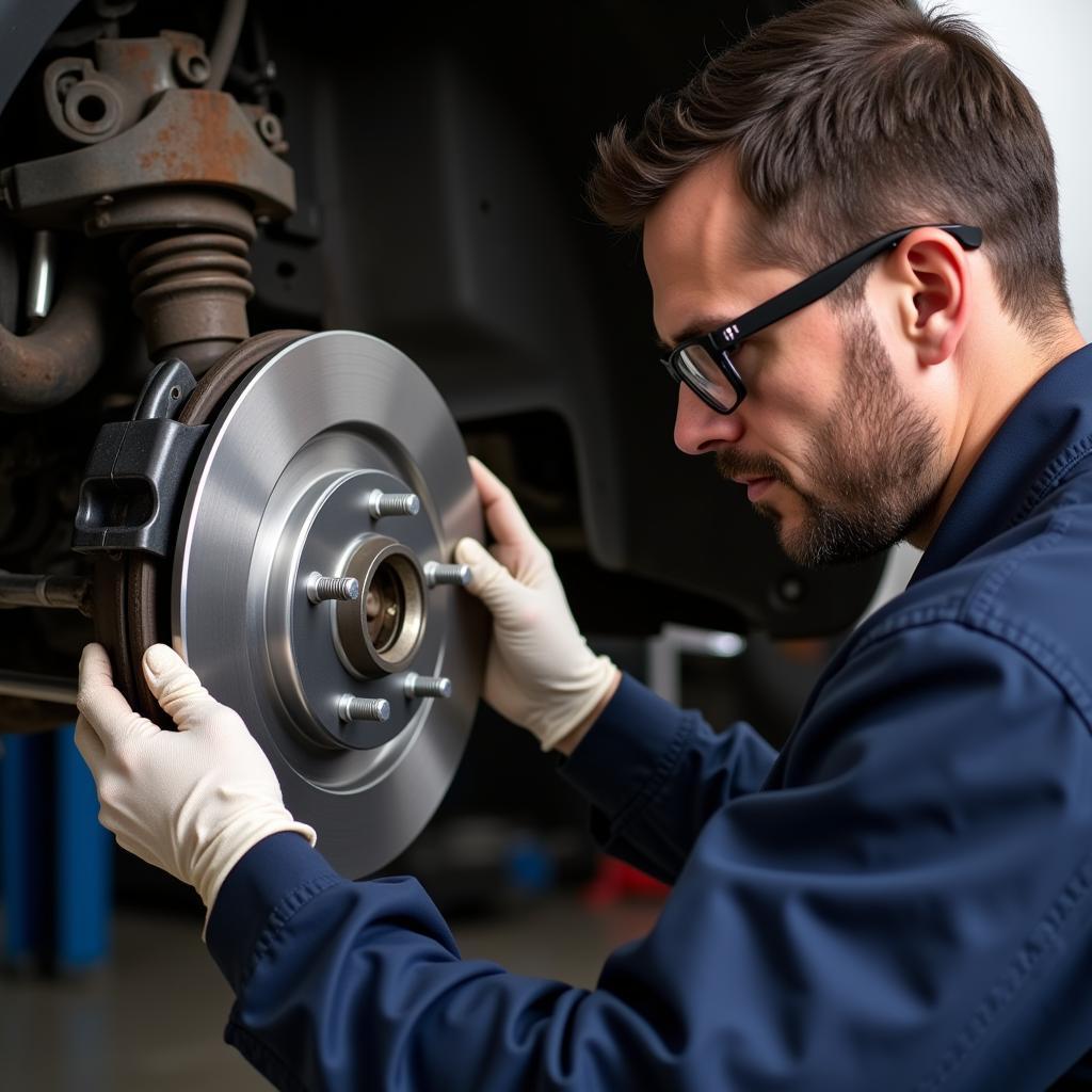 Mechanic Inspecting the Brakes of a 2008 Prius