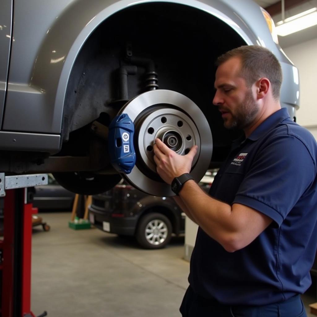 Professional Mechanic Repairing Brakes on a 2011 Dodge Grand Caravan