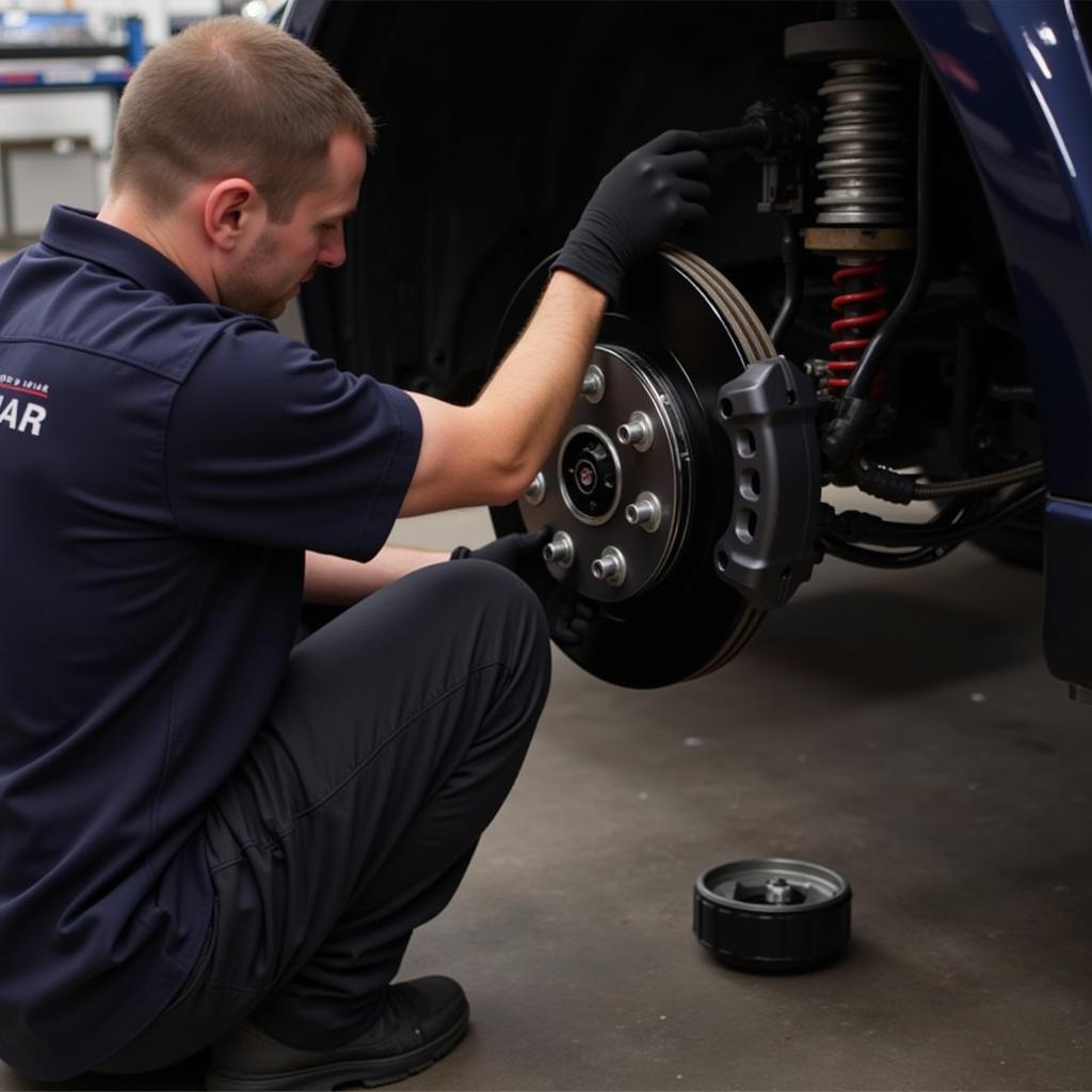 Mechanic inspecting the brake system of a Jaguar XF