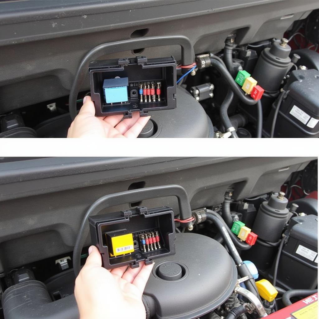 Open fuse box in the engine bay of a 2014 Toyota Camry