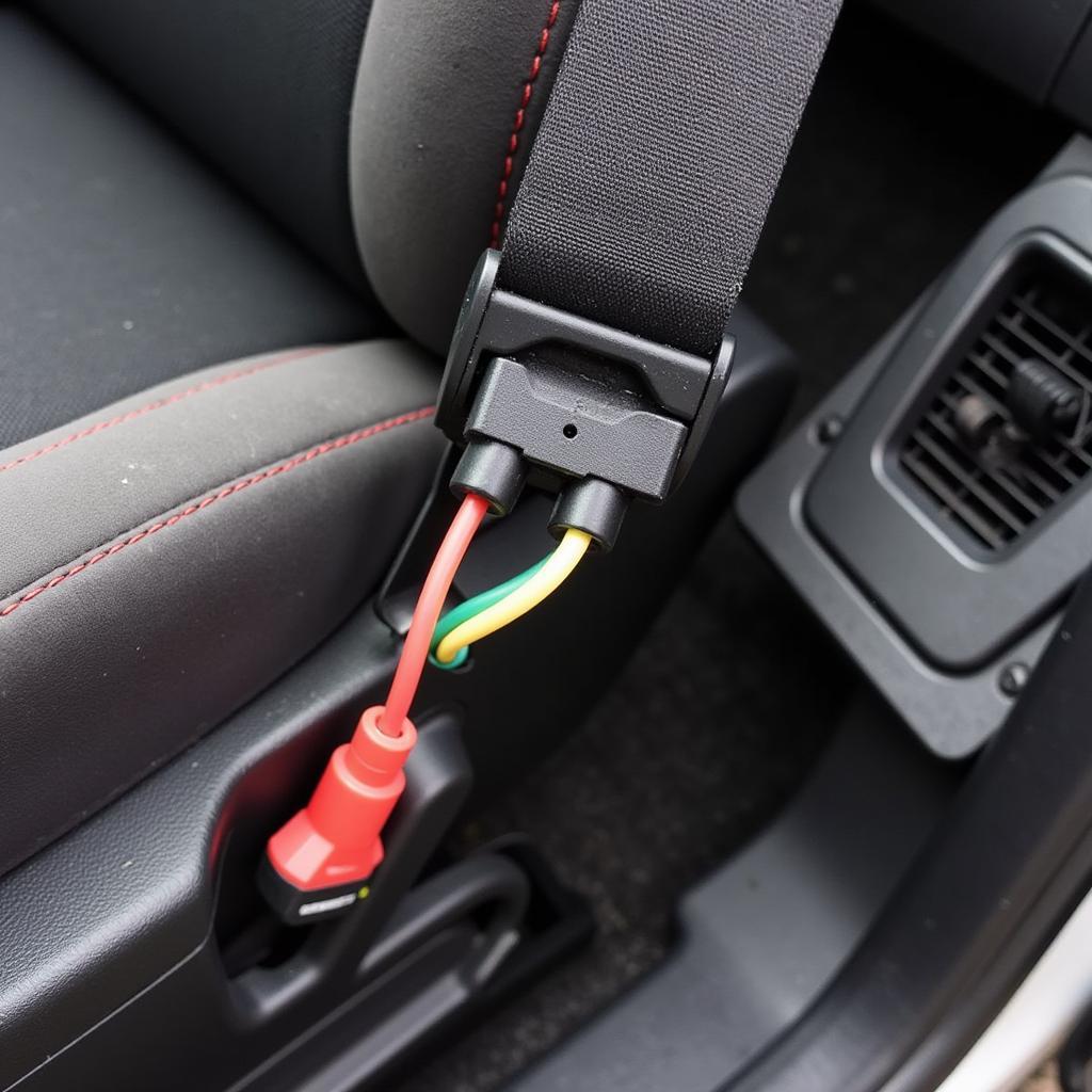 Inspecting the seat belt buckle and wiring harness in a 91 Civic Si hatchback