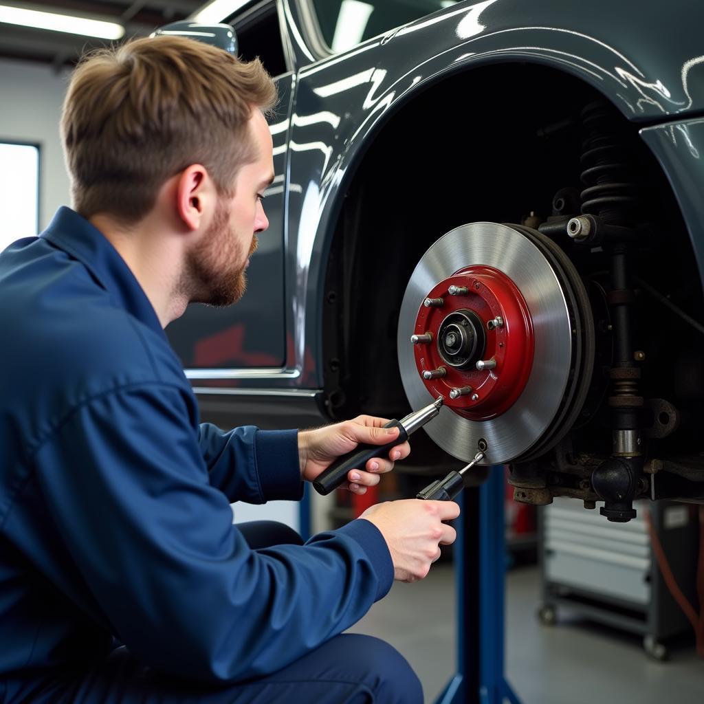 Mechanic Inspecting 911SC Brake System