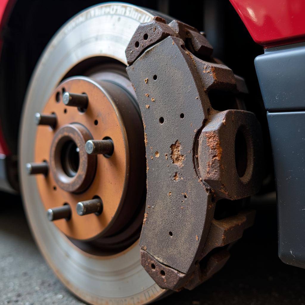 Worn brake pads on an Opel Astra