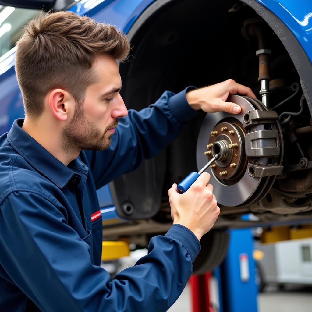 Mechanic Inspecting Audi A1 Brake System